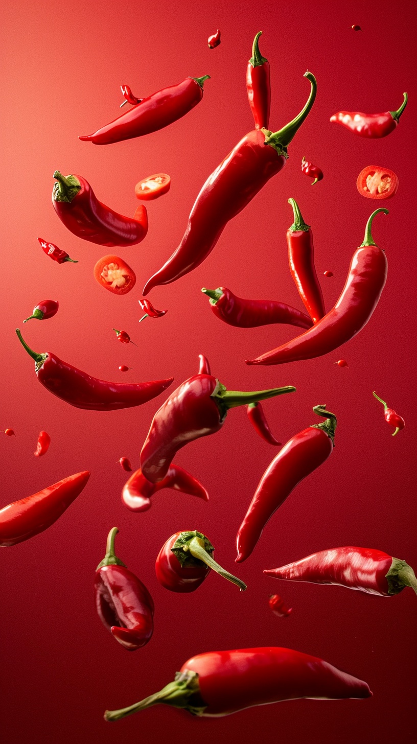 Vibrant Red Peppers Float in Air