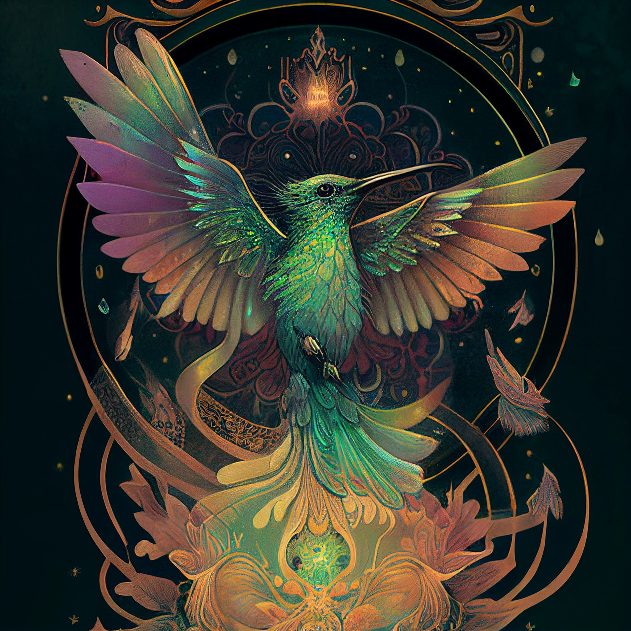 Intricate Hummingbird Art with Iridescent Highlights