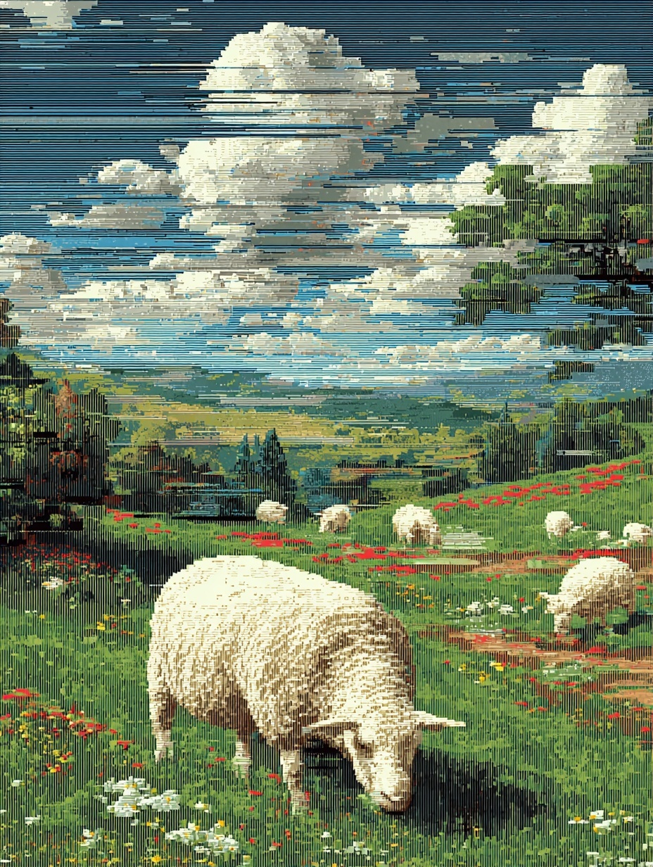 Glitchy 8-Bit Sheep in Retro Windows 98 Scene