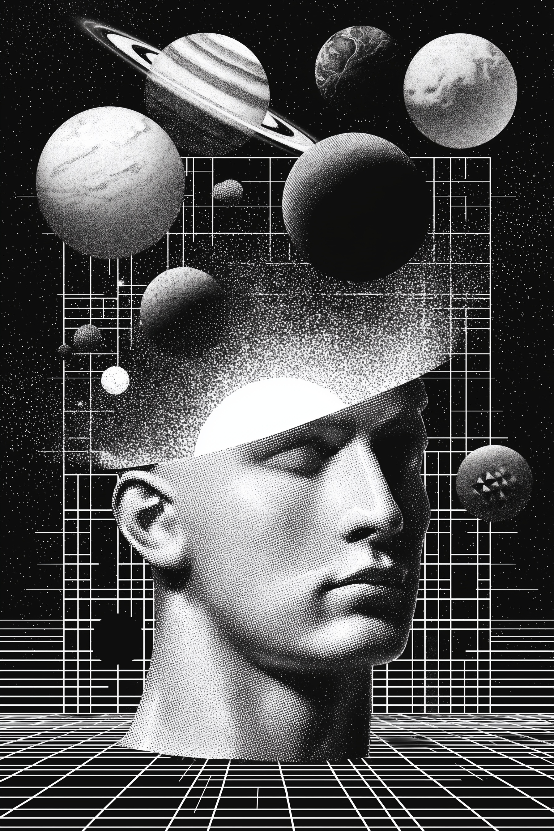 Art Deco Mannequin Head with Floating Planets