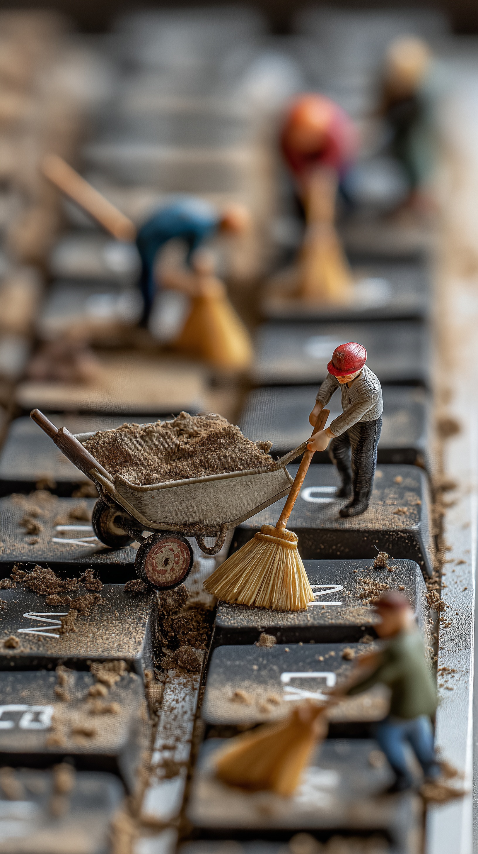 Miniature Workers Clean a Giant Keyboard