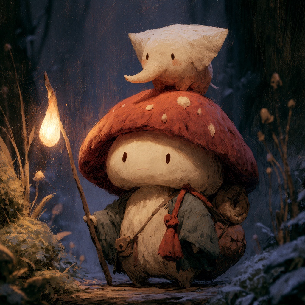 Mushroom Character and Tiny Elephant Adventure