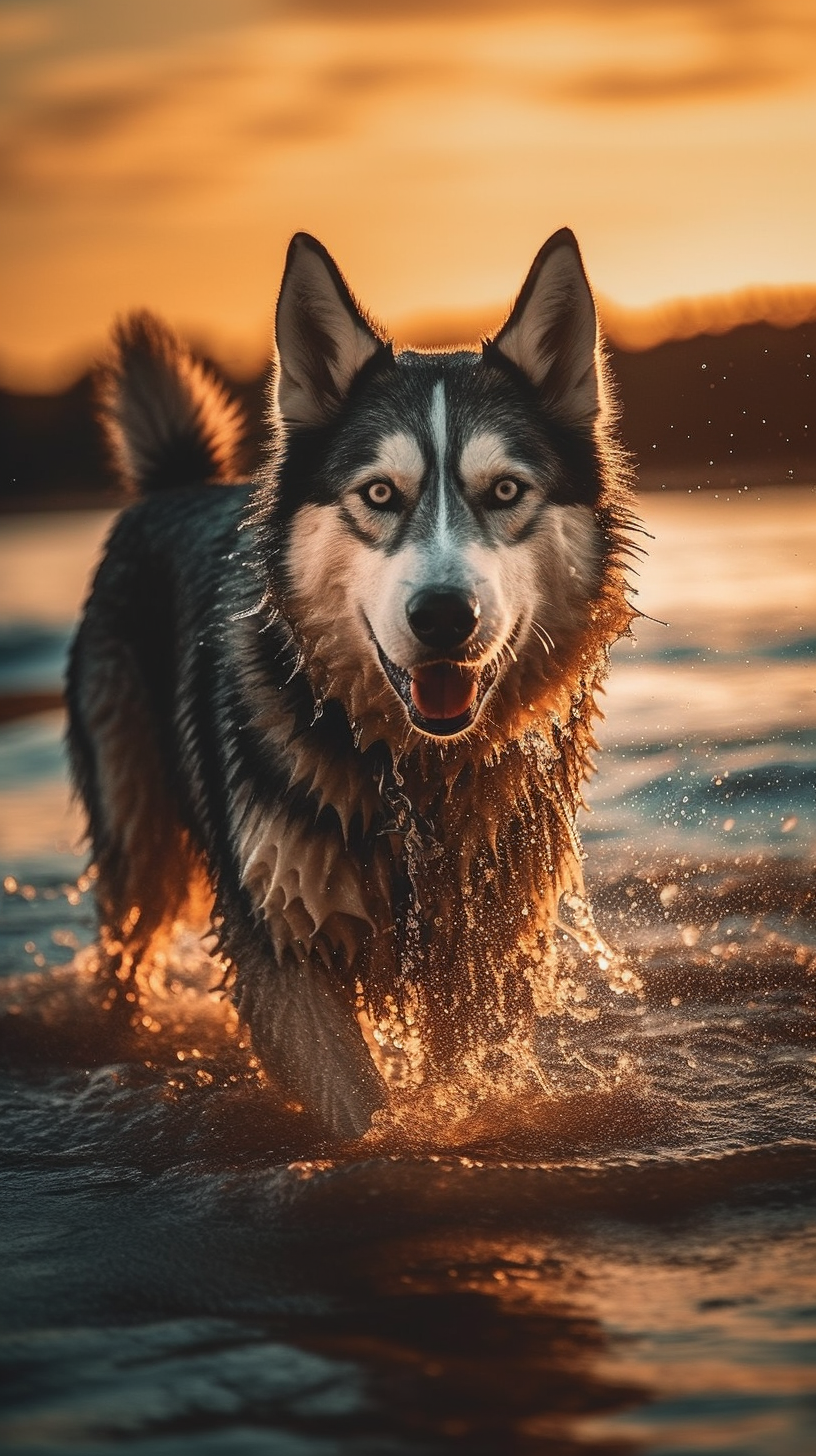 Mesmerizing Sunset Beach: Splashing Husky & Nature's Cinematic Charm