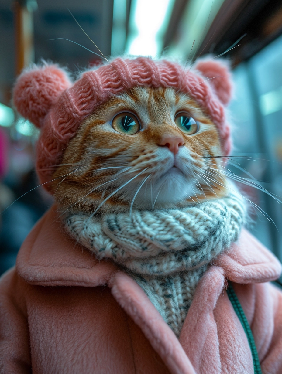 Lifelike HD Crowded Bus Scene: Smallest Cat in Pink Coat & White Sweater - Nikon D850