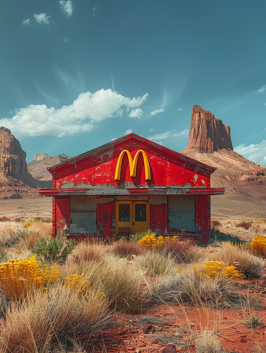 Photorealistic 4K Wes Anderson Photography: Desert McDonald's