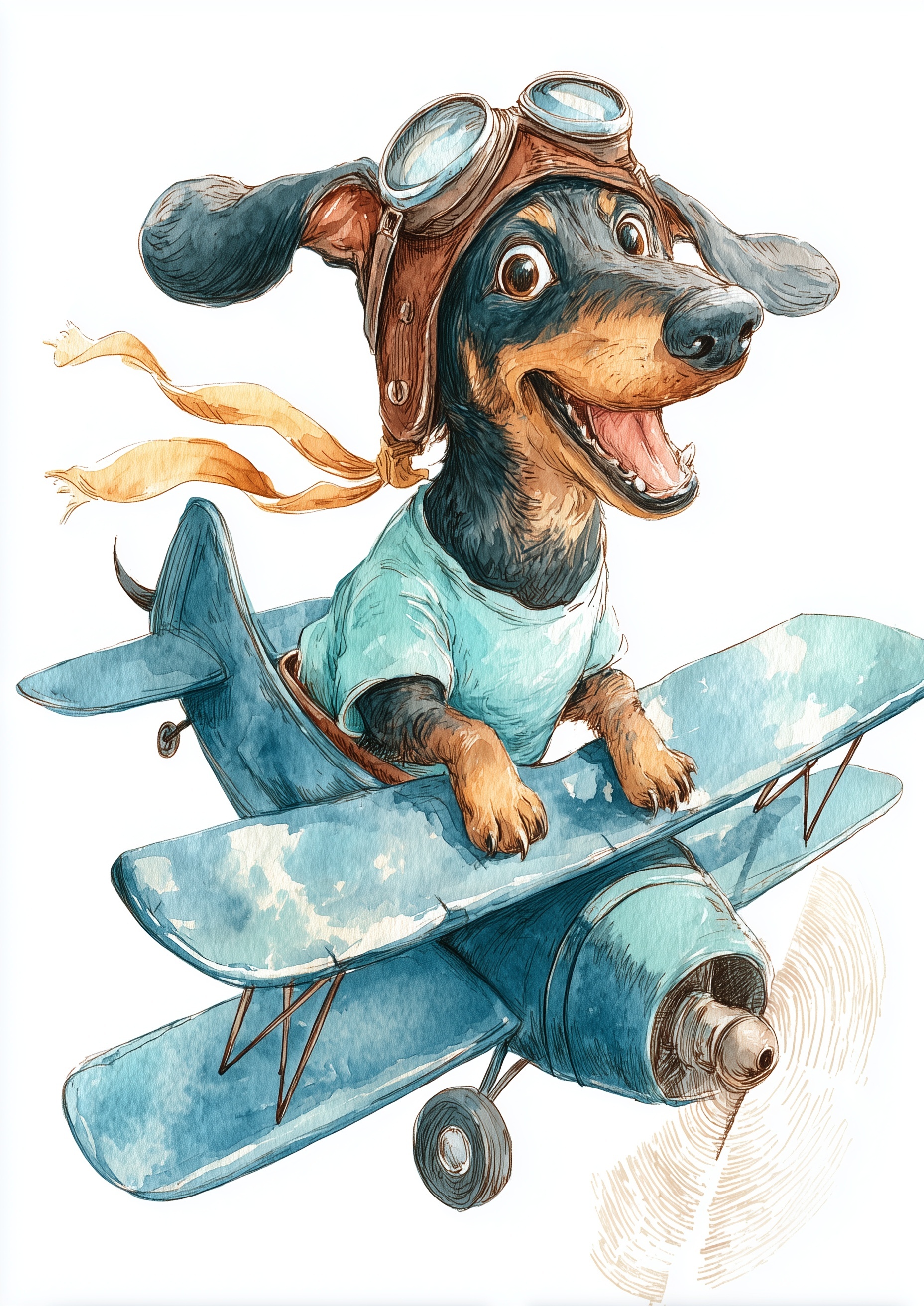 Joyful Dachshund in a Vintage Biplane Adventure