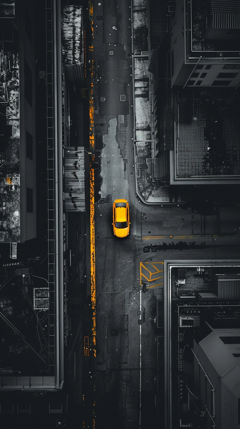 Futuristic Drone Photography: Gray Scale Environment with Yellow Building Light