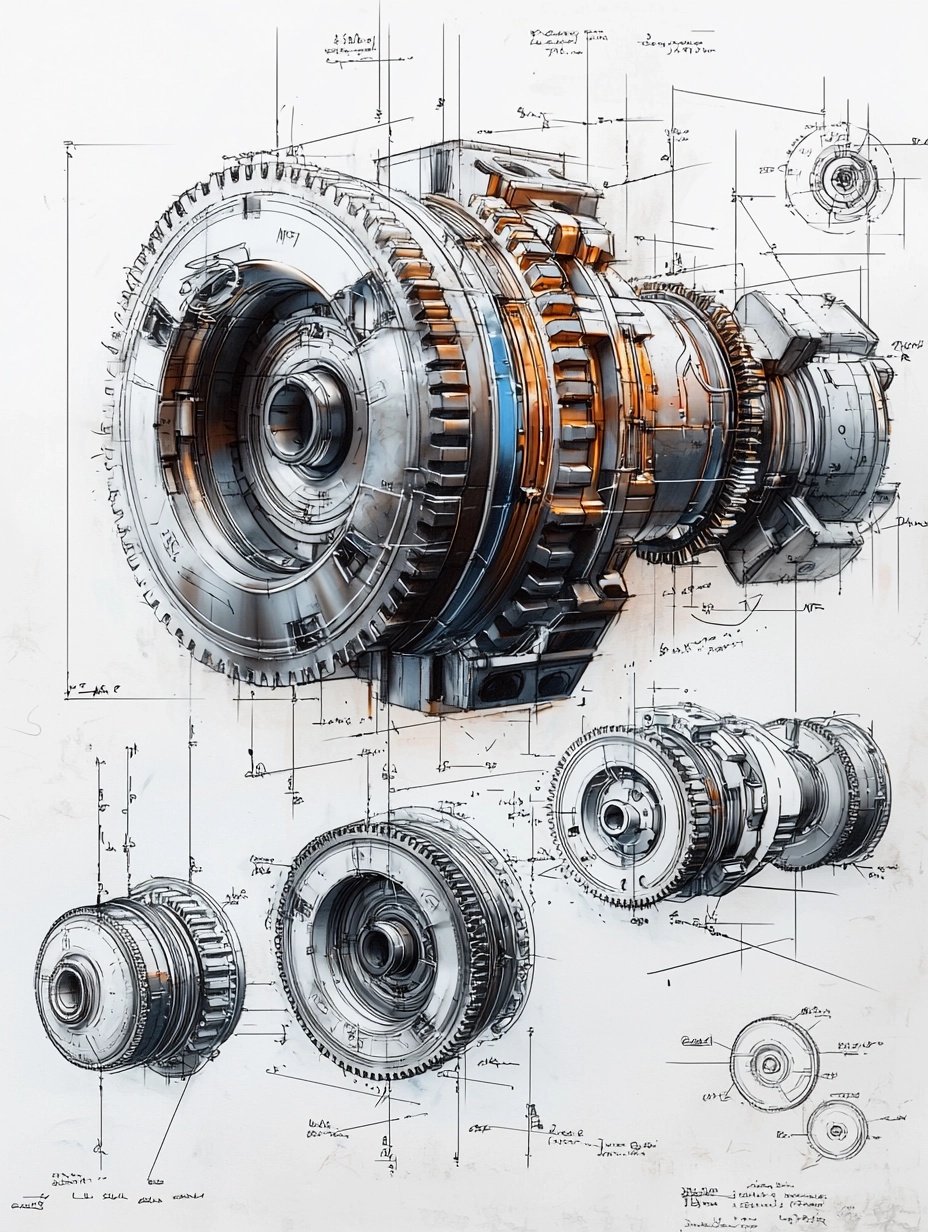 Intricate Mechanical Blueprint Design in CAD Style