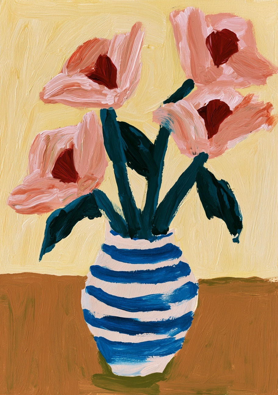 Vibrant Floral Abstract Art in Striped Vase