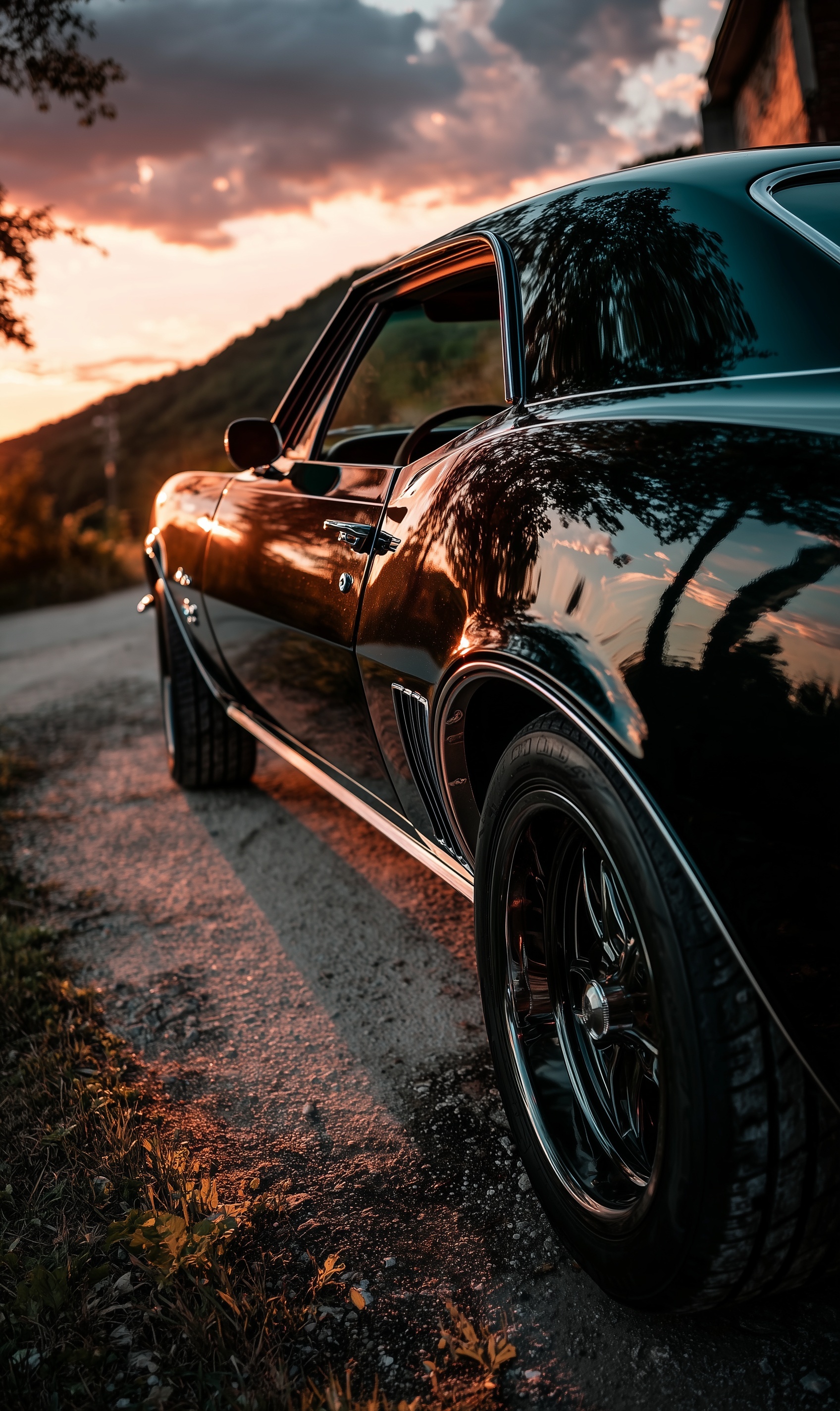 Stunning 1967 Black Camaro Against Sunset Sky