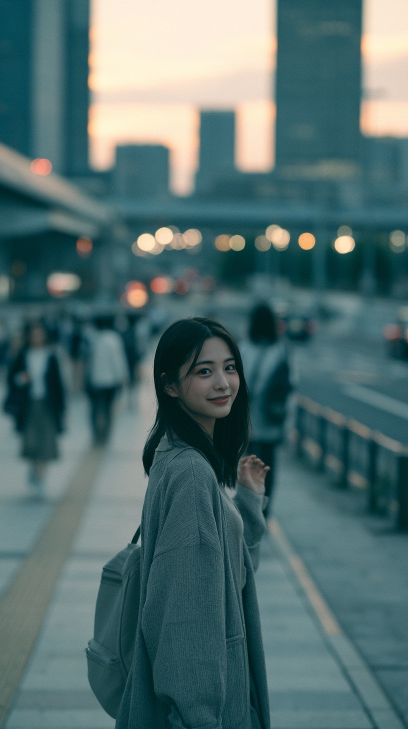 Evening Stroll: Smiling in a Modern Cityscape