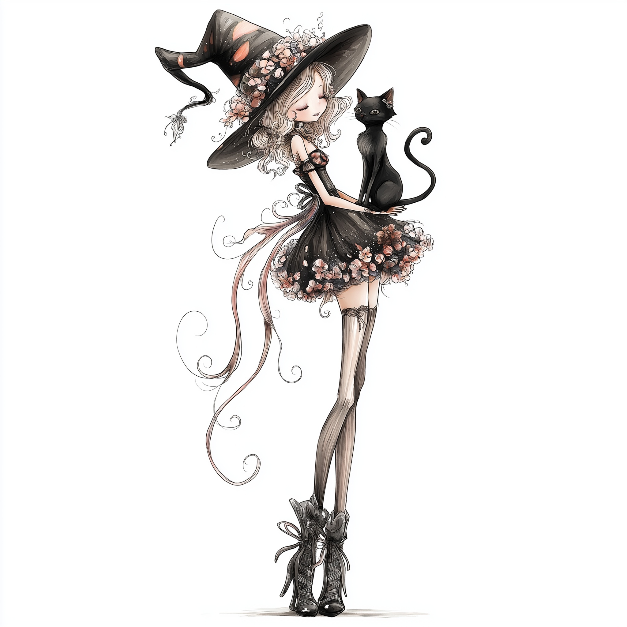 Whimsical Watercolor Witch Art with Playful Cat