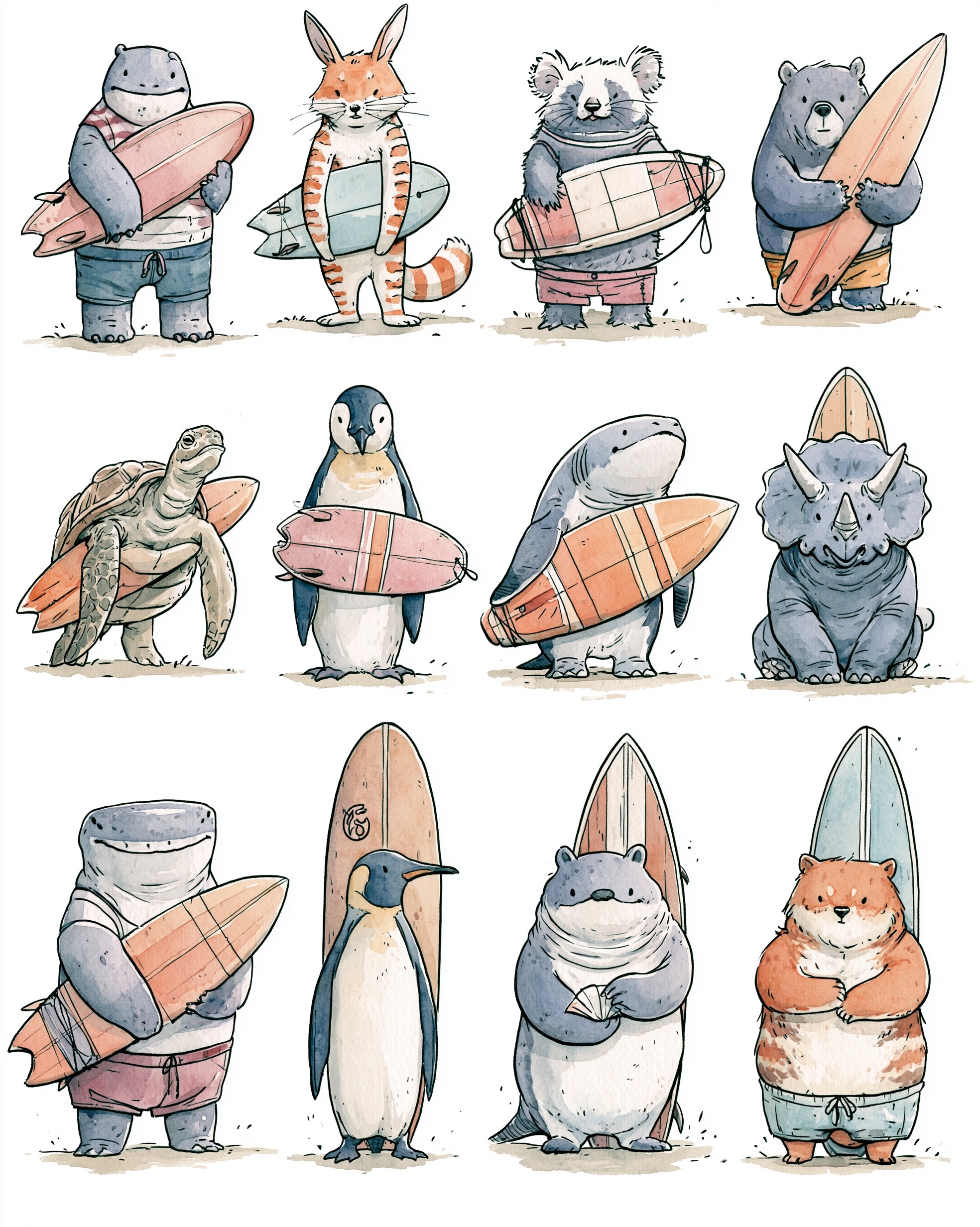 Surfing Animals: Watercolor Art Collection