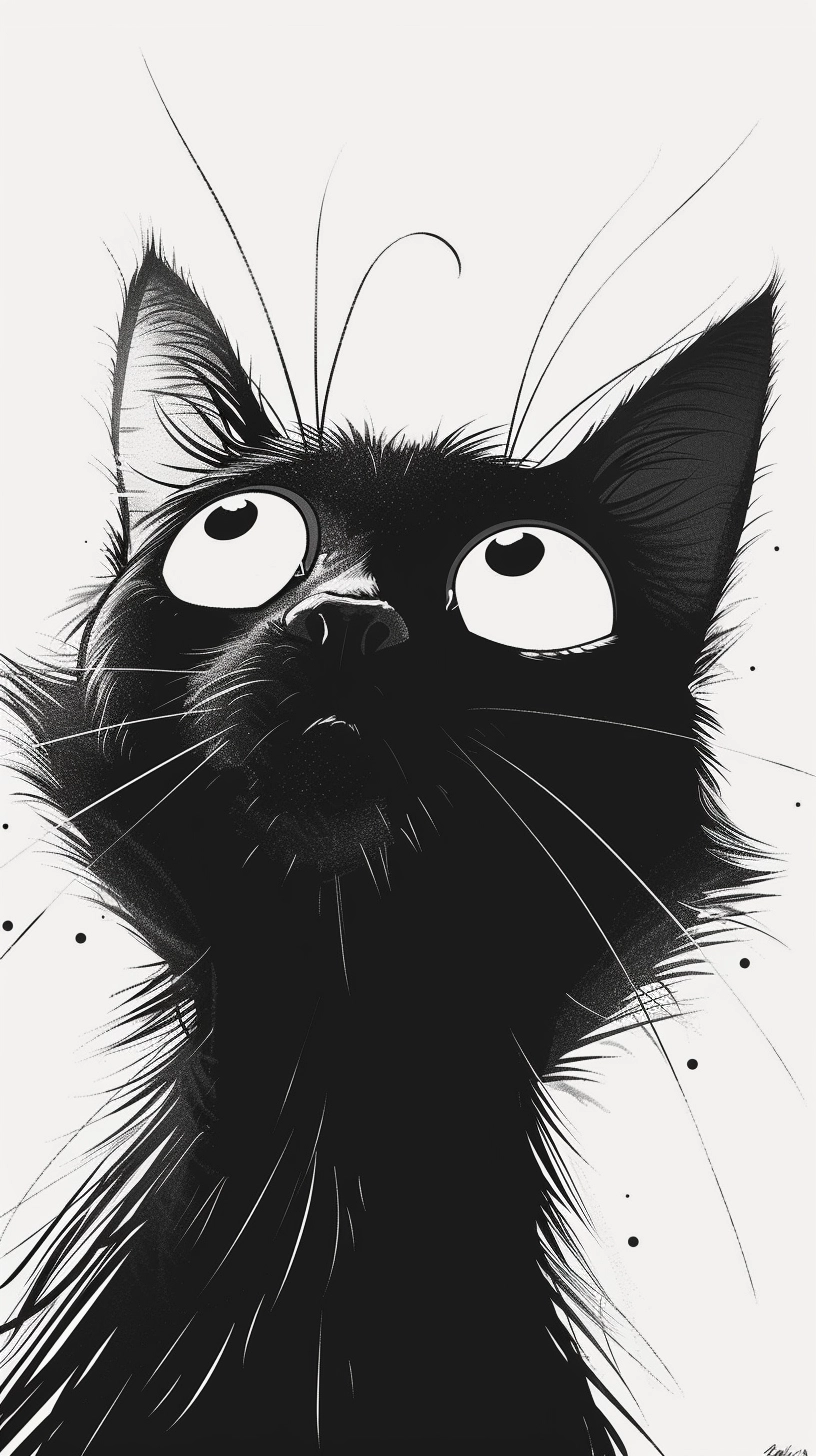 Whimsical Cat Cartoon Peeking Over Edge in Black & White