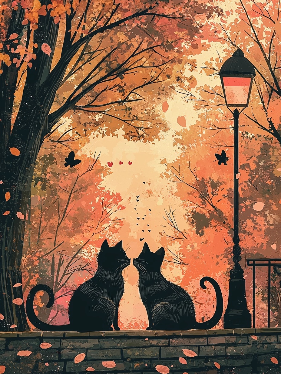 Charming Cats in Love: A Dreamy Park Illustration