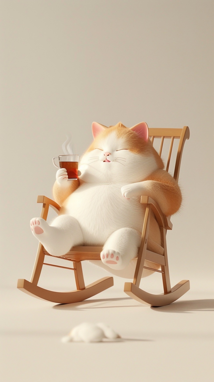 Cute Chubby Fluffy Cat Enjoying Tea on Rocking Chair