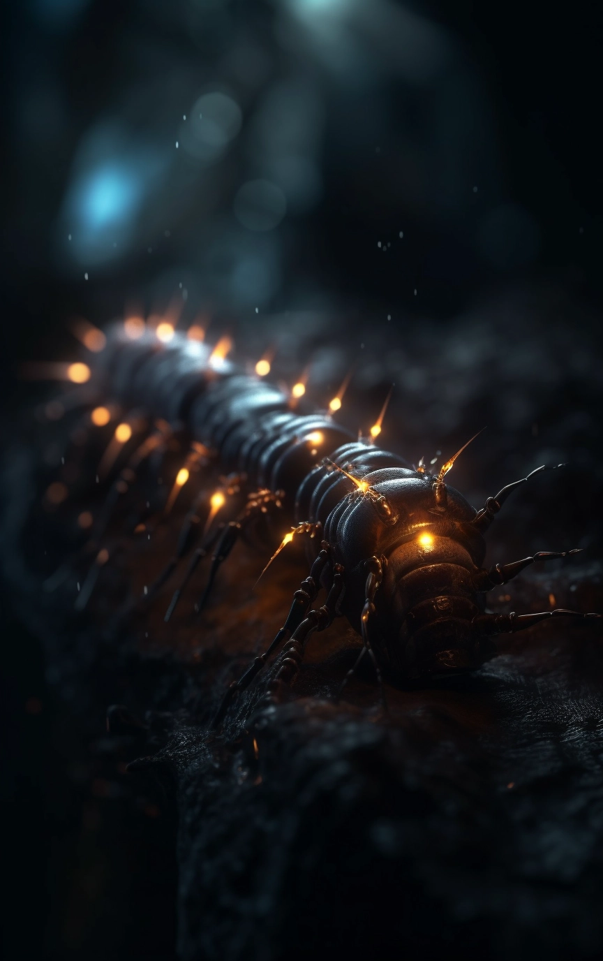 Ultra-Detailed Cinematic Shot of Centipede with VFX Fog