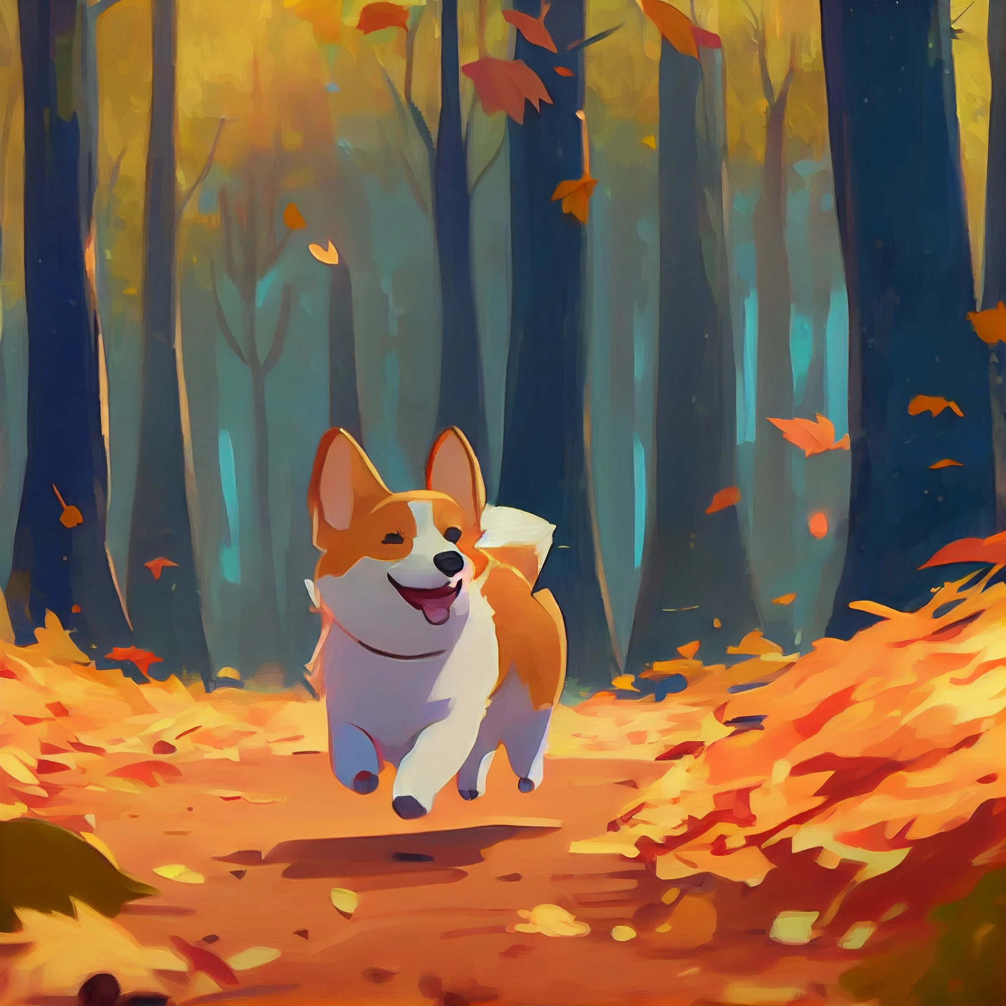 Joyful Corgi in Autumn Forest - Digital Painting