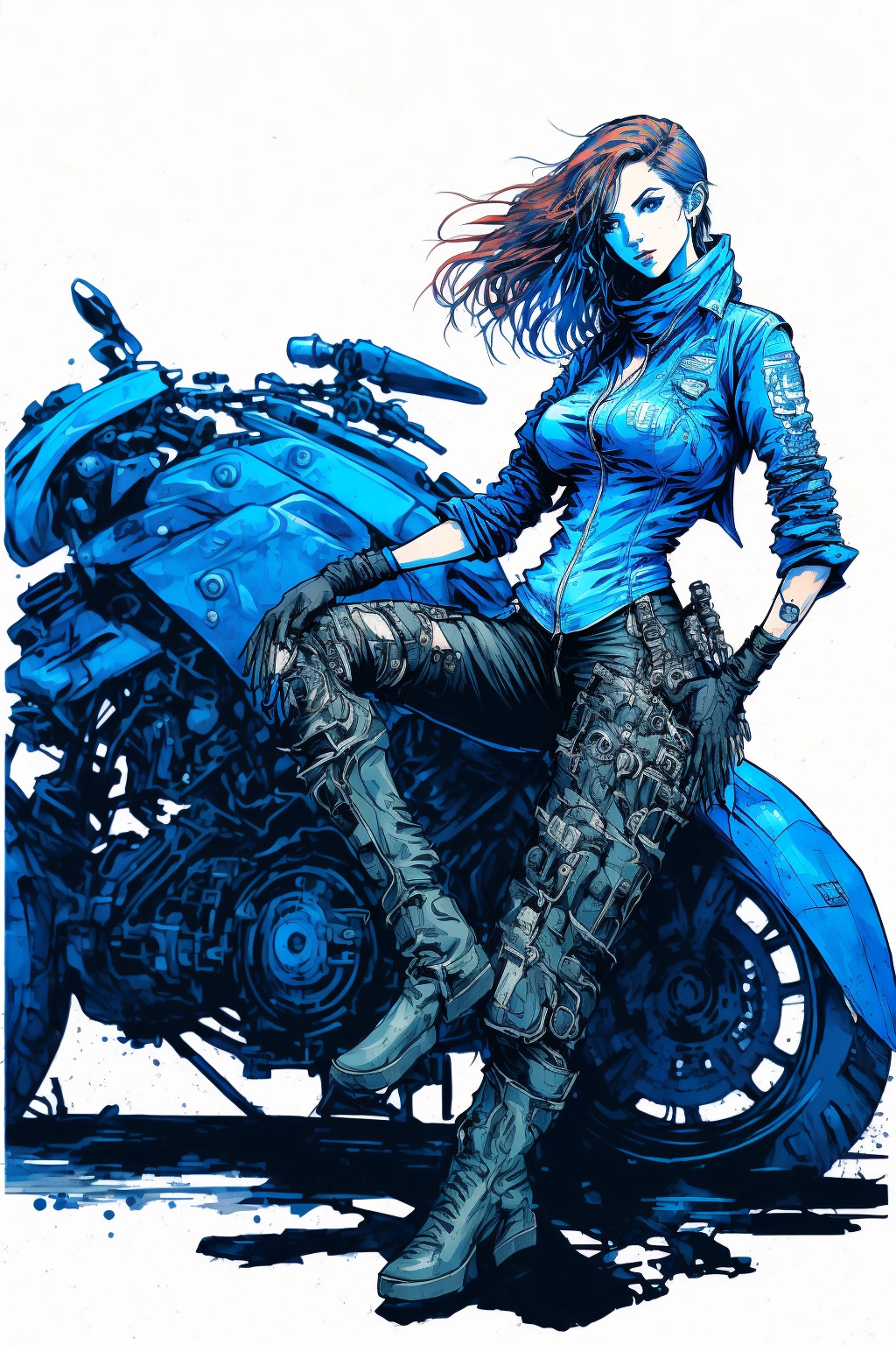 Blue Cyberpunk Mechanic and Motorbike