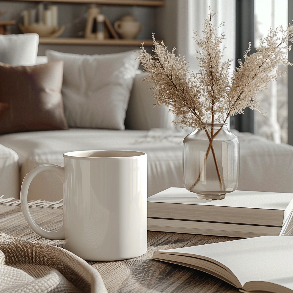 Stylish living room mug mockup: white perfection