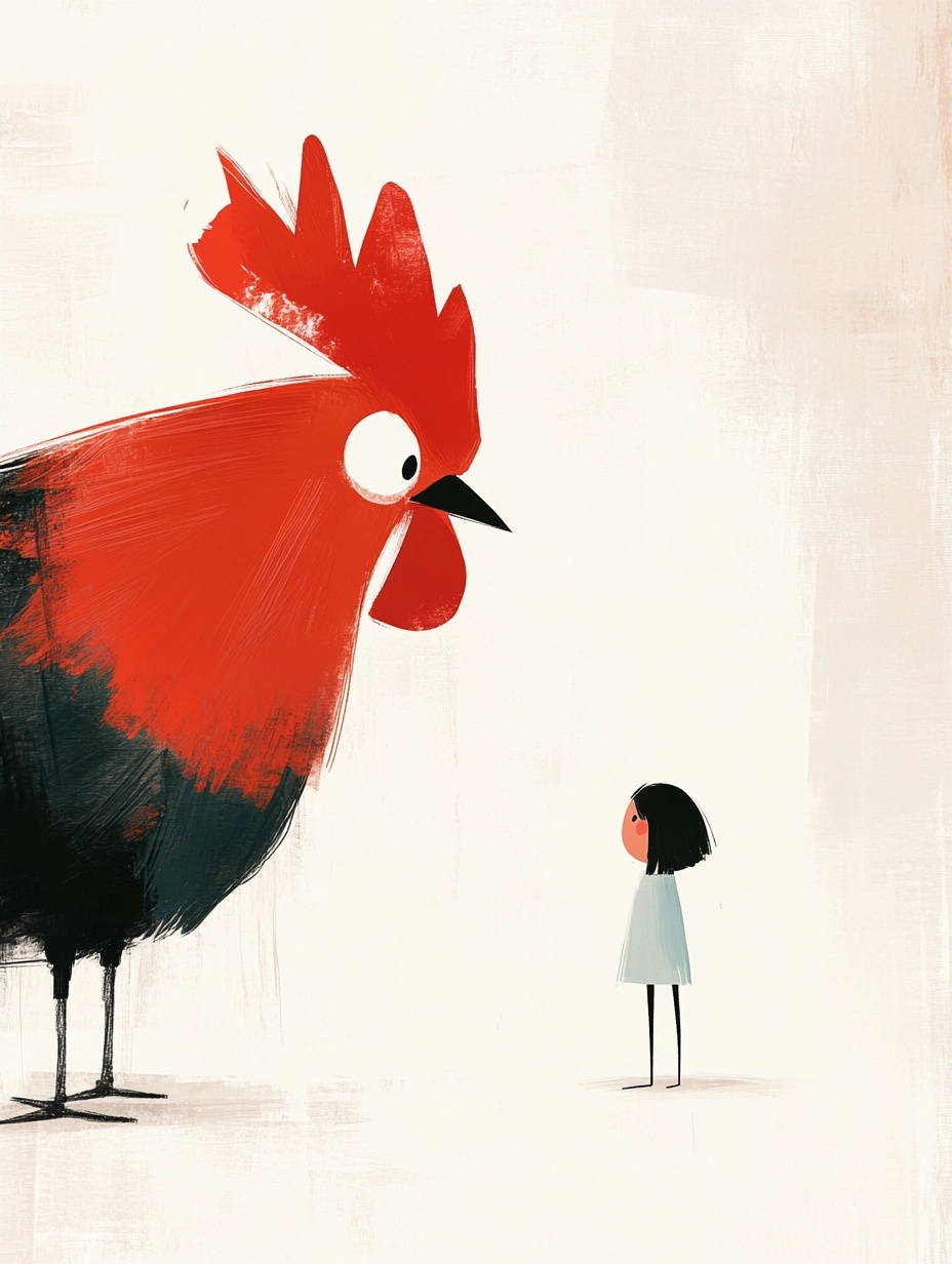 Vibrant Rooster and Girl: Bold Ink Illustration