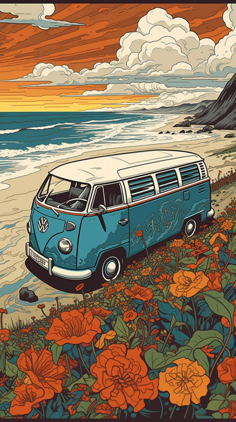 Muted Art: Camper on Beach with California Poppies