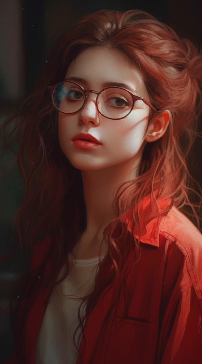 Charming Anime-Style Painting of a Young Woman with Glasses