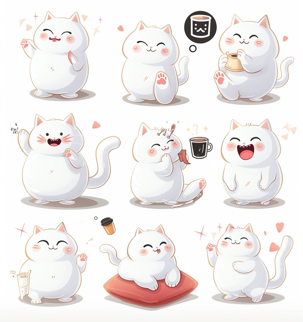 Cute White Cat Stickers Bundle: Fat, Sleepy, Playful & More!