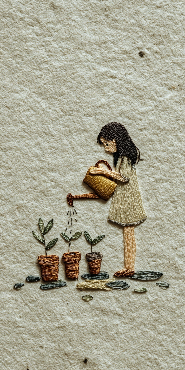 Charming Thread Art: Girl Watering Flower Pots