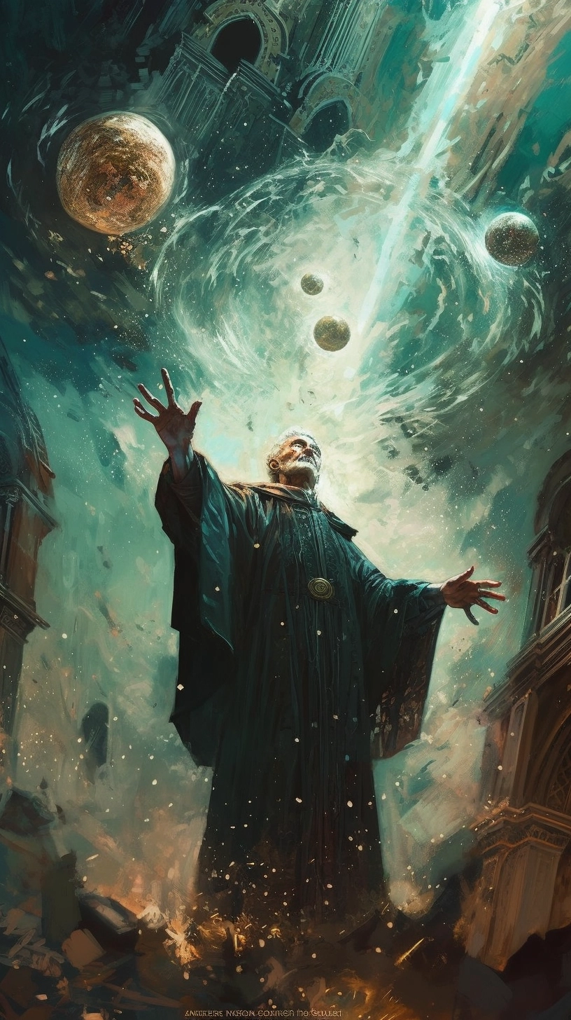 Atlantis Priest Confronts Meteor in Dark Fantasy Scene