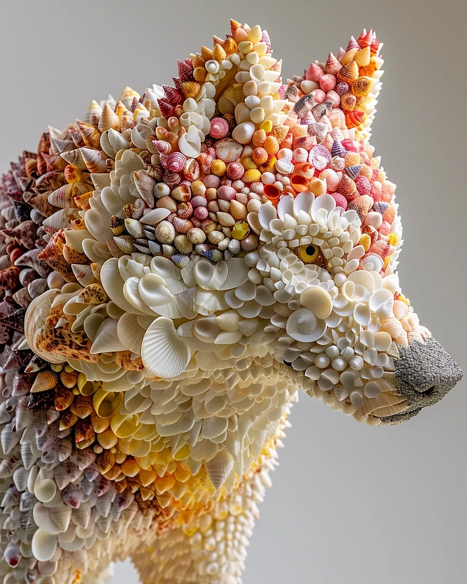 Colorful Seashell Wolf Sculpture - Abstract Ethereal Art