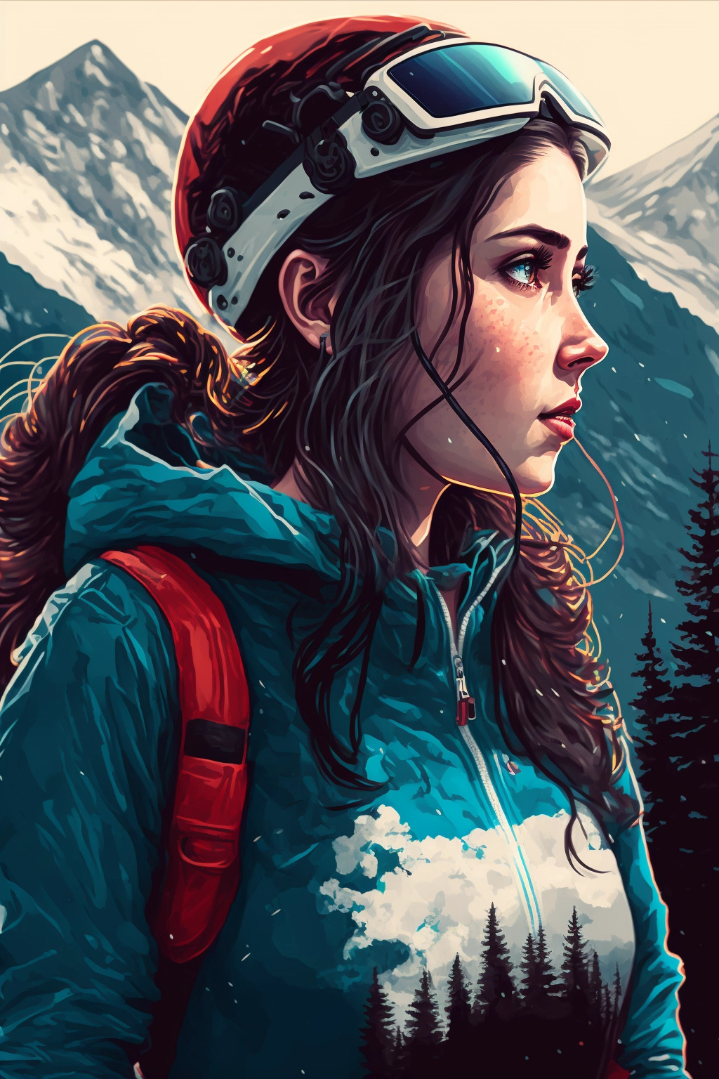 Sporty Bike Girl in Alpine Vector Landscape