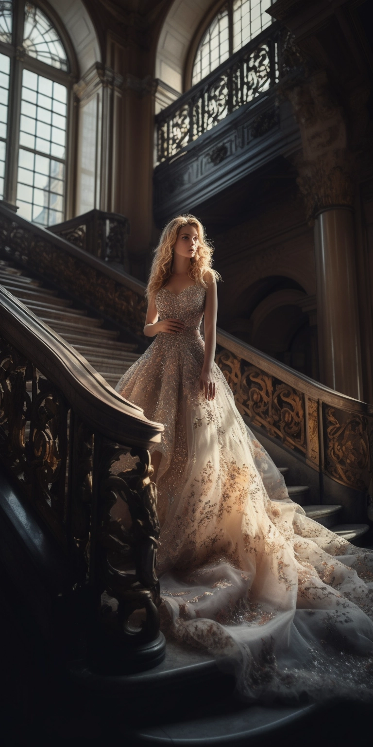 Glorious Woman Descends Marble Stairs in Dreamy Ball Gown