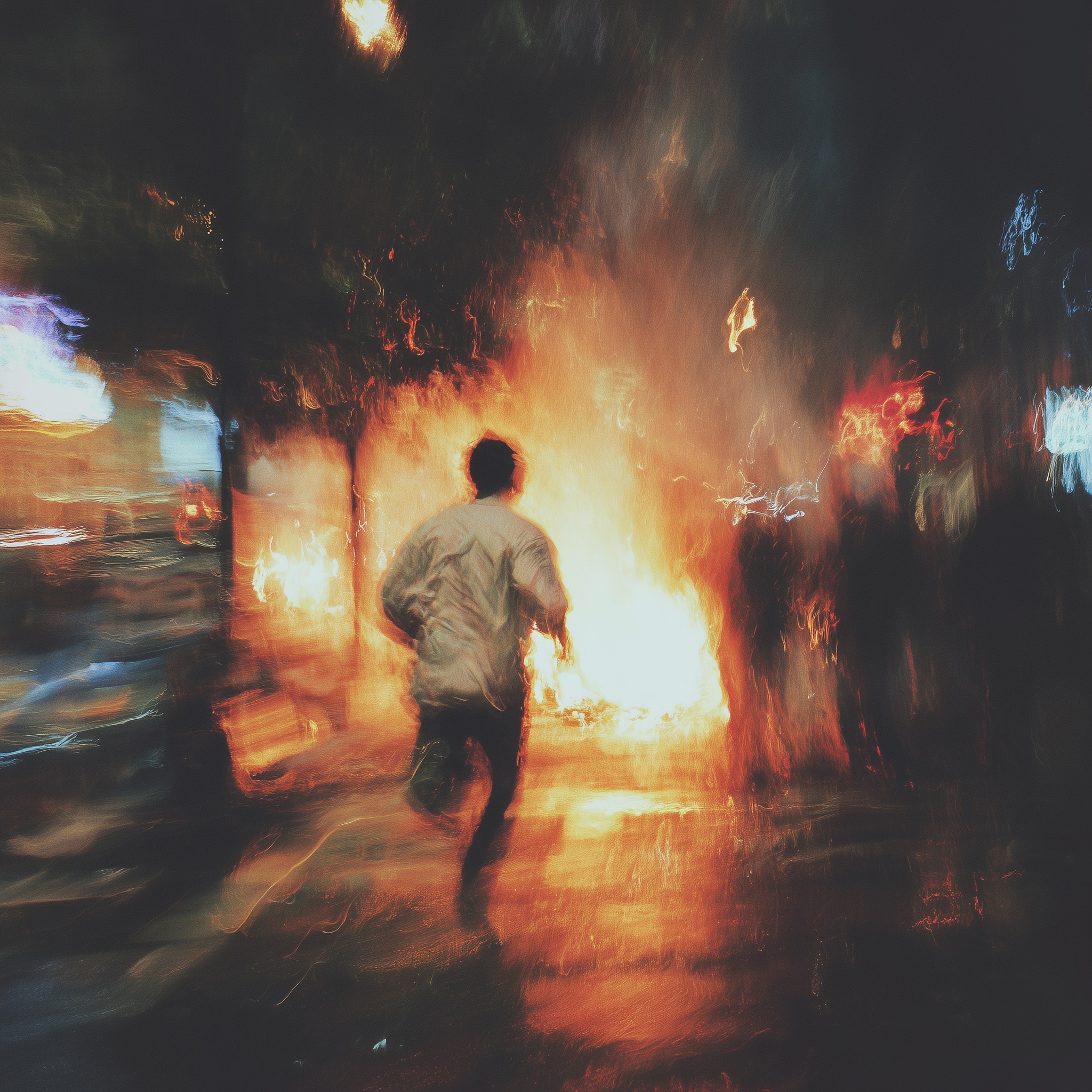 Dynamic Night Scene: Man in Flames Running Wild