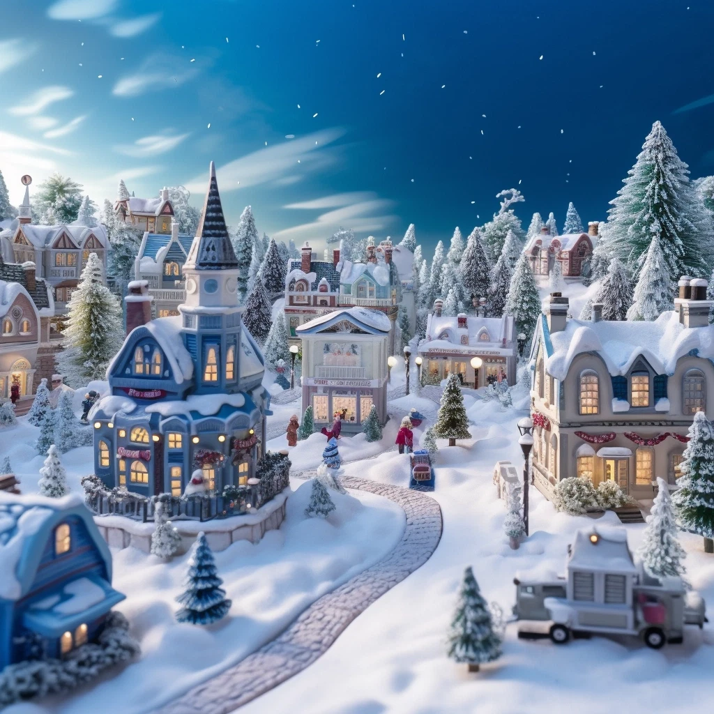 Magical Snowy Christmas Village: Ultra Detailed, Oxford Blue & Capri Blue Scenery, Cinematic Effects, Volumetric Lighting