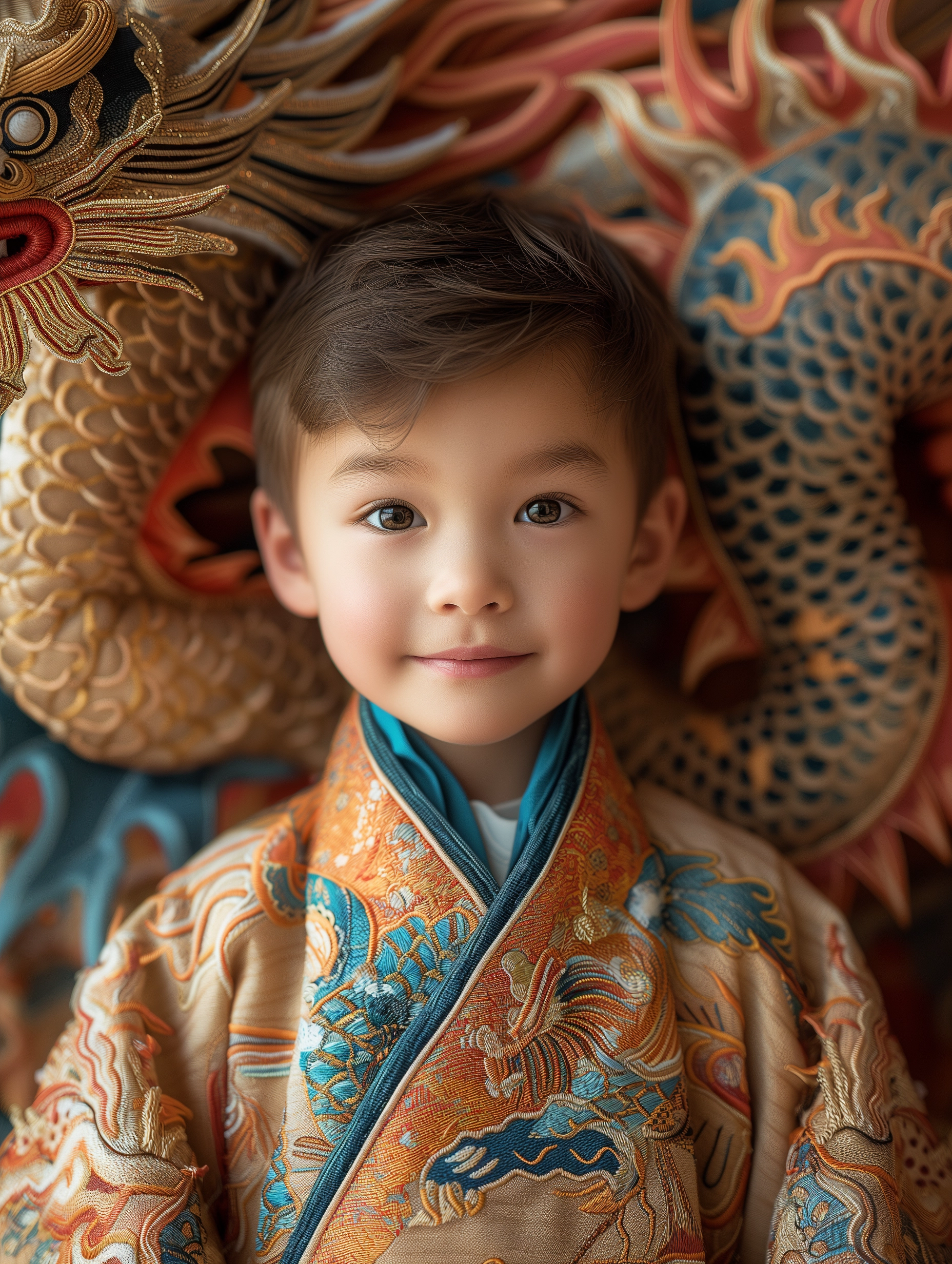 Captivating Surrealistic Kids Photography: Enchanting Chinese Boy in Hanfu amidst Vibrant Dragon