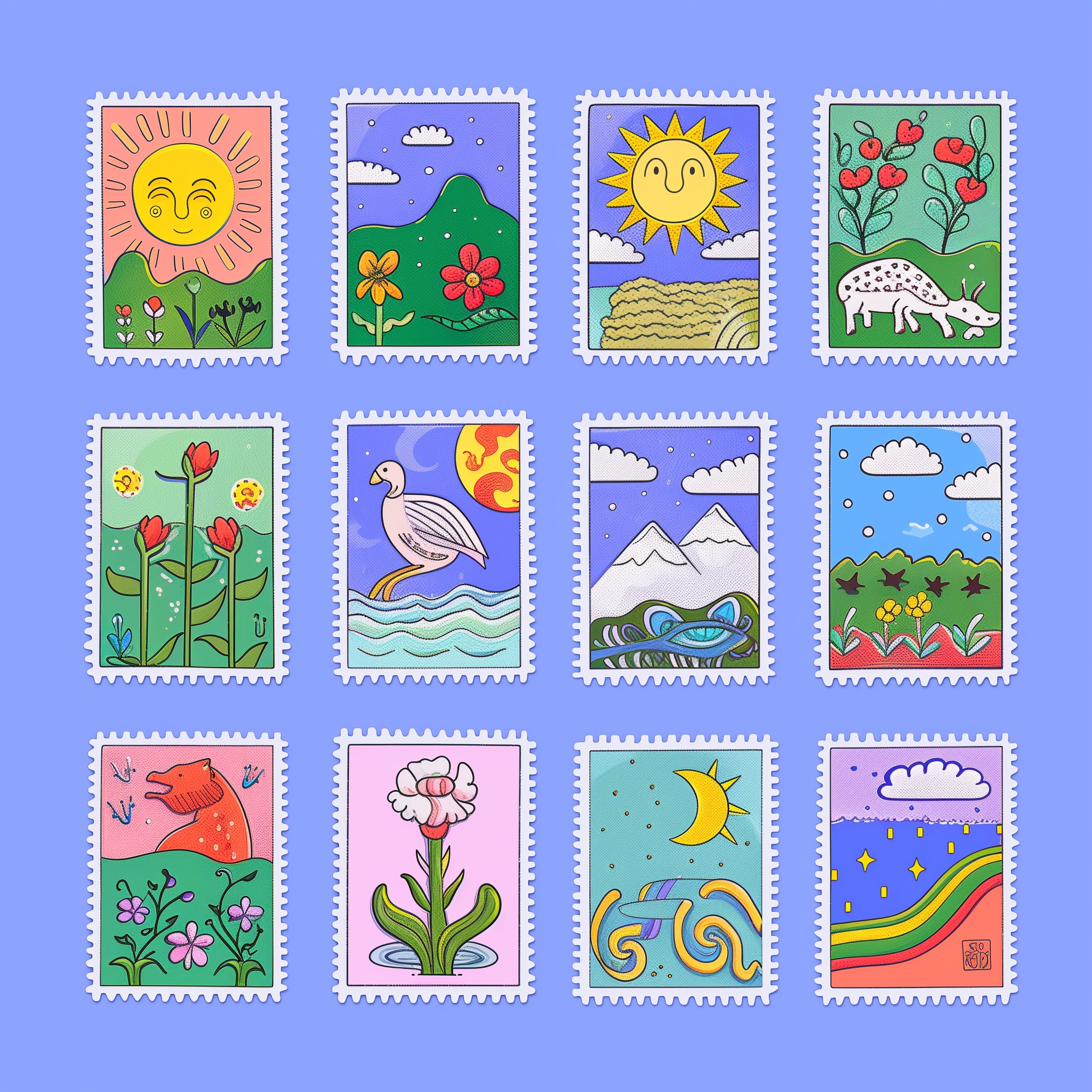 Vibrant Postage Stamp Grid for Modern Art Packaging