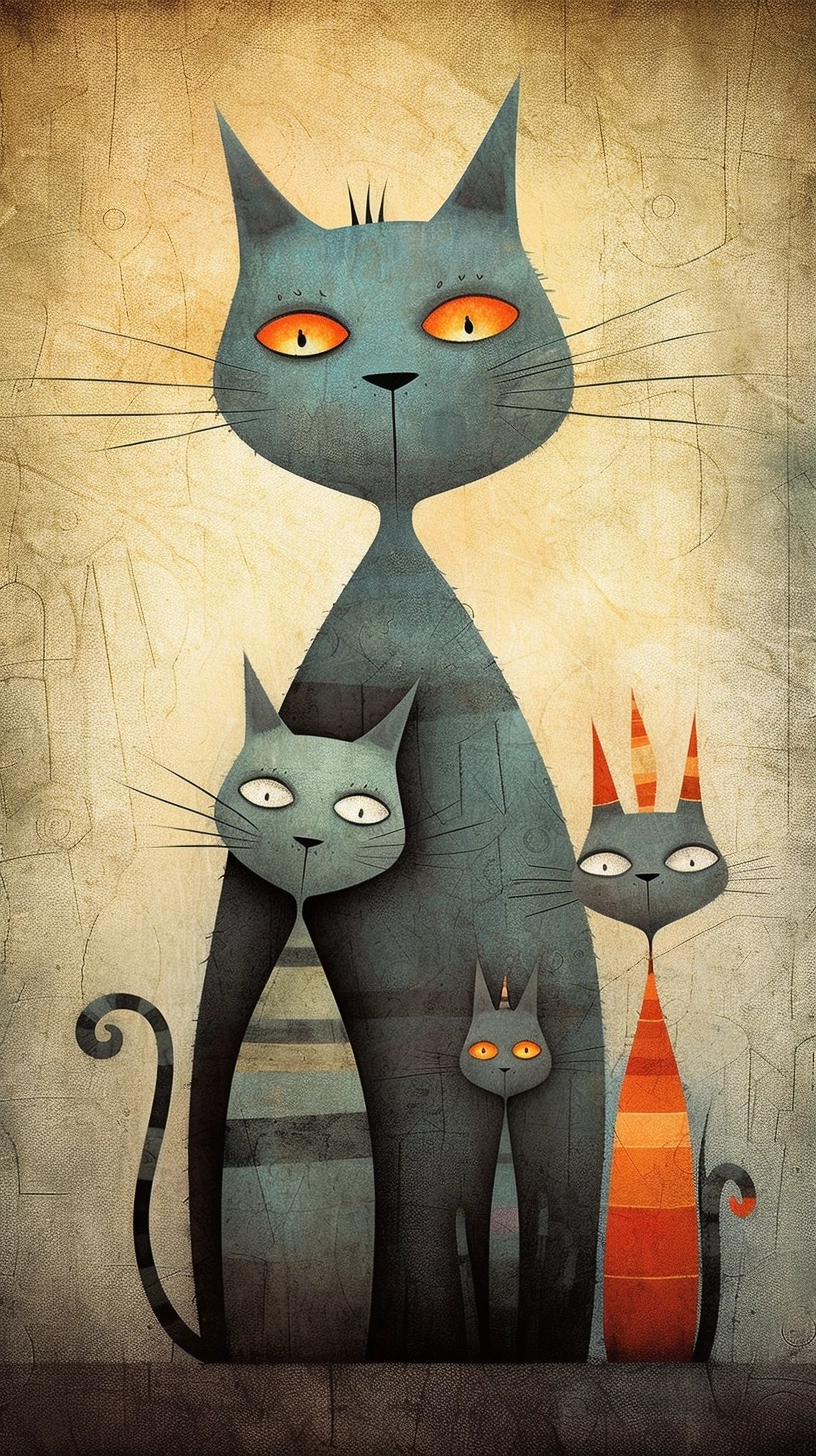 Whimsical Cat Family Portrait Art - Andy Kehoe & Ruth Thompson Style