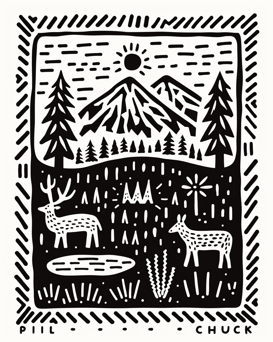 Pilchuck Pacific Northwest Folk Art Vector Pattern Linocut