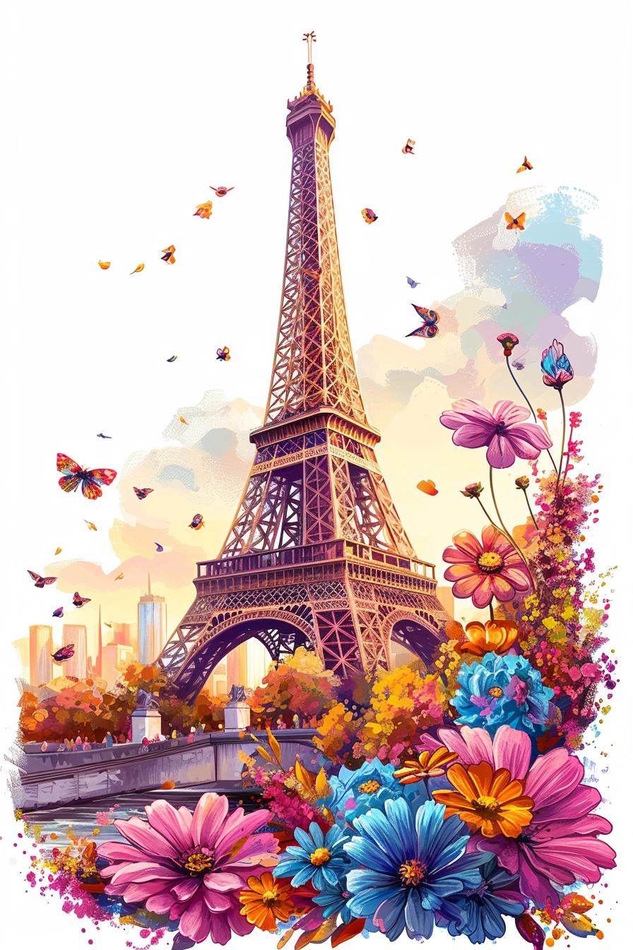 Tour Eiffel Illustration: Vibrant Flowers, White Background | 300dpi