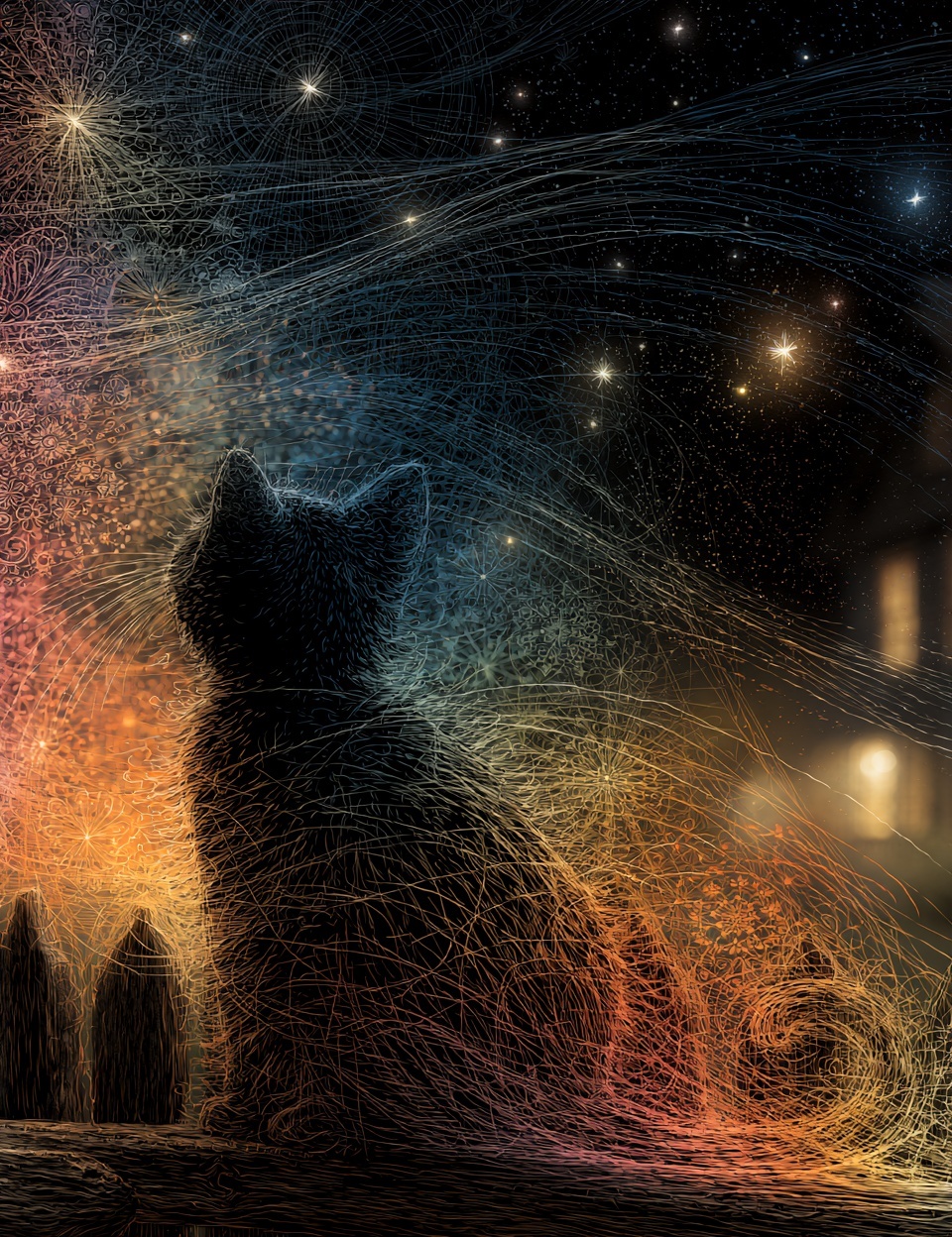 Whimsical Black Cat Starry Night Artwork