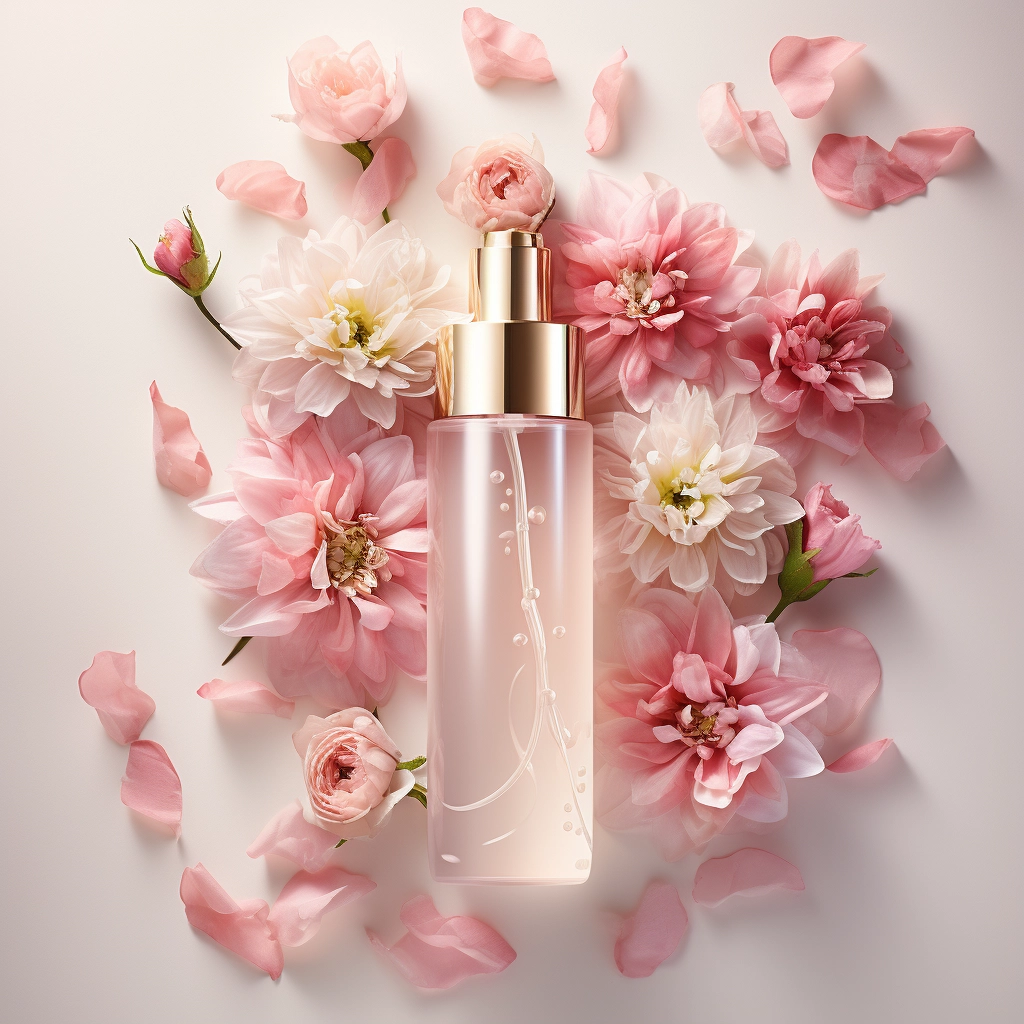 Exquisite pink floral spray in a glass bottle - High-resolution, photo-realistic detail