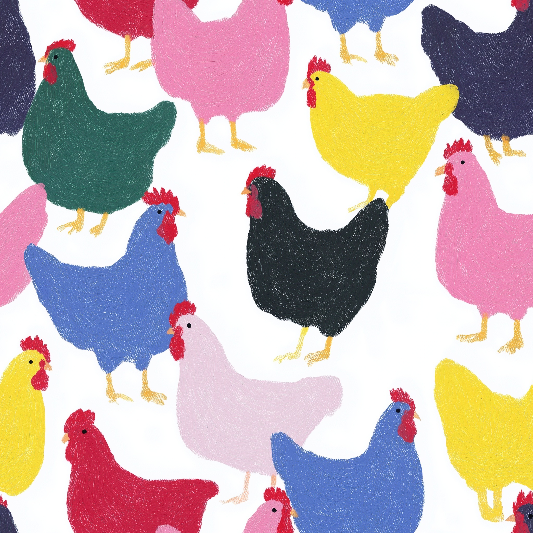 Vibrant Oil Painted Chickens on White Background