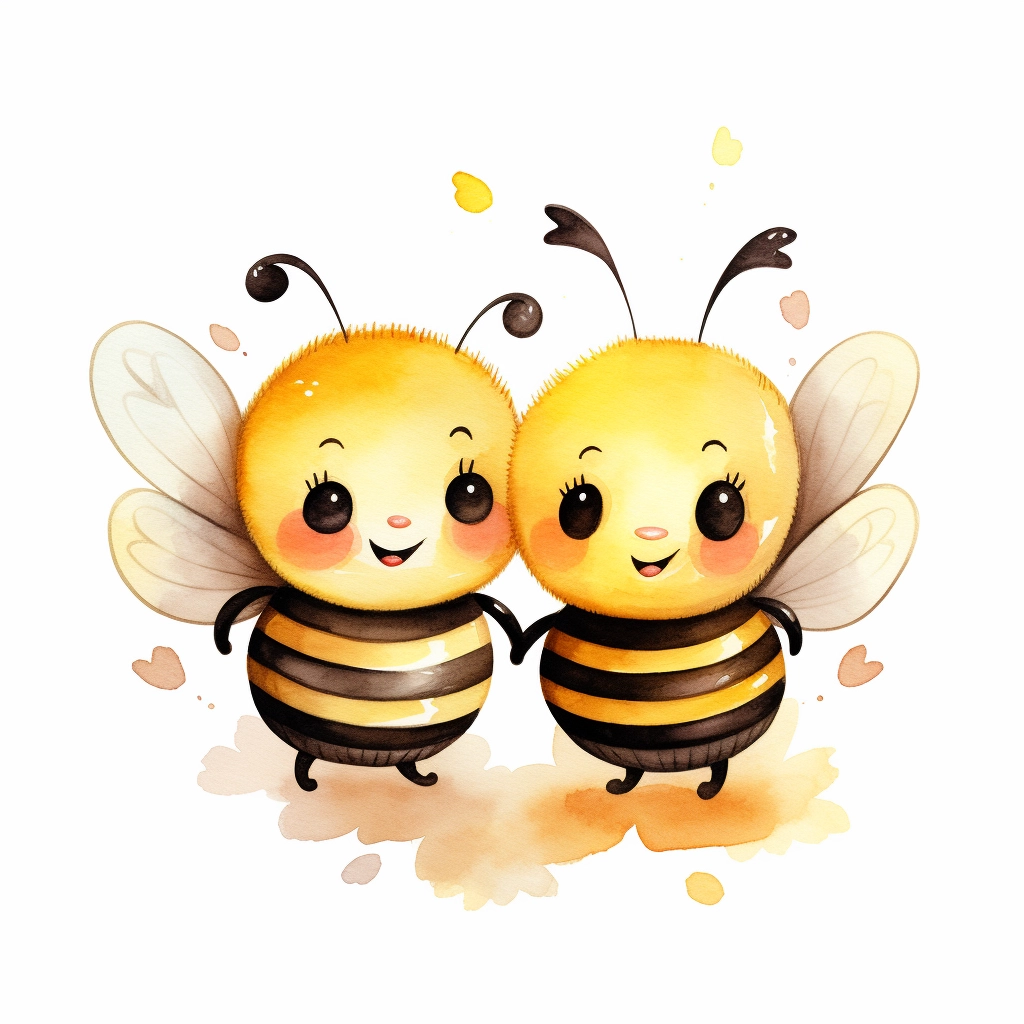 Adorable Watercolor Bees: Cute Kissing with Smiles!