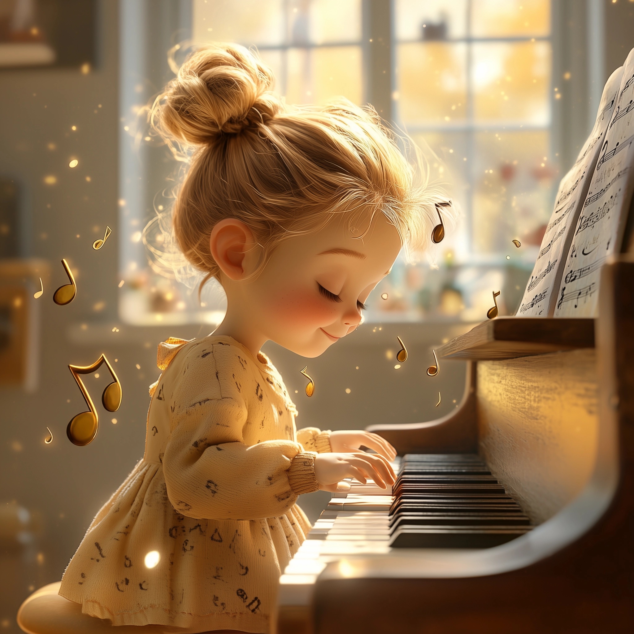 Adorable Girl Plays Piano in Sunlit Pixar Style