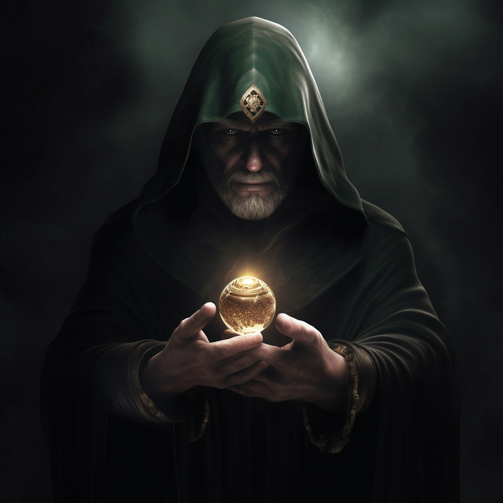 Dark Green Cloaked Man with Emerald Ring and Glowing Jewel