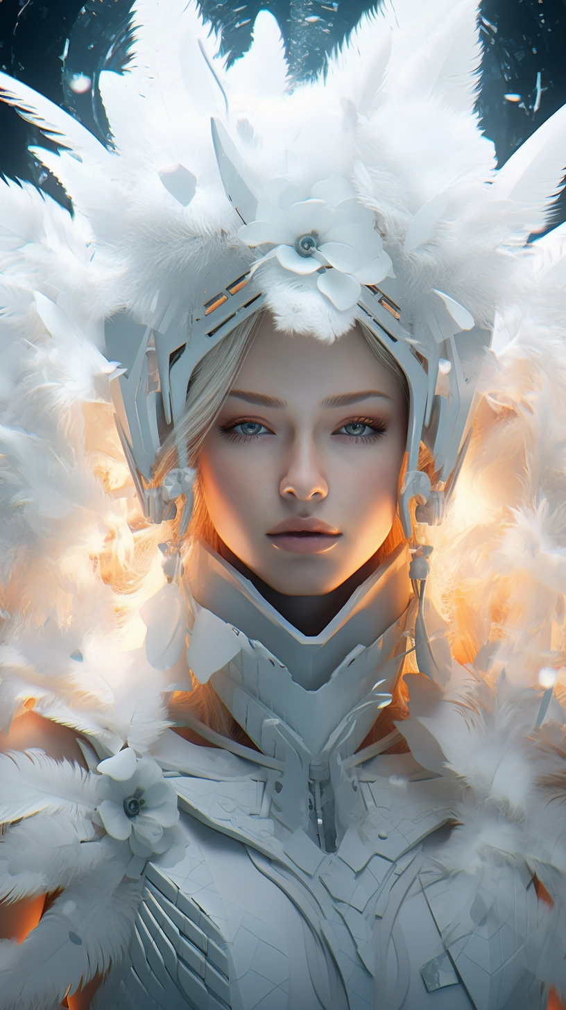 Sci-Fi Anime Female Warrior with Flower and Feathers