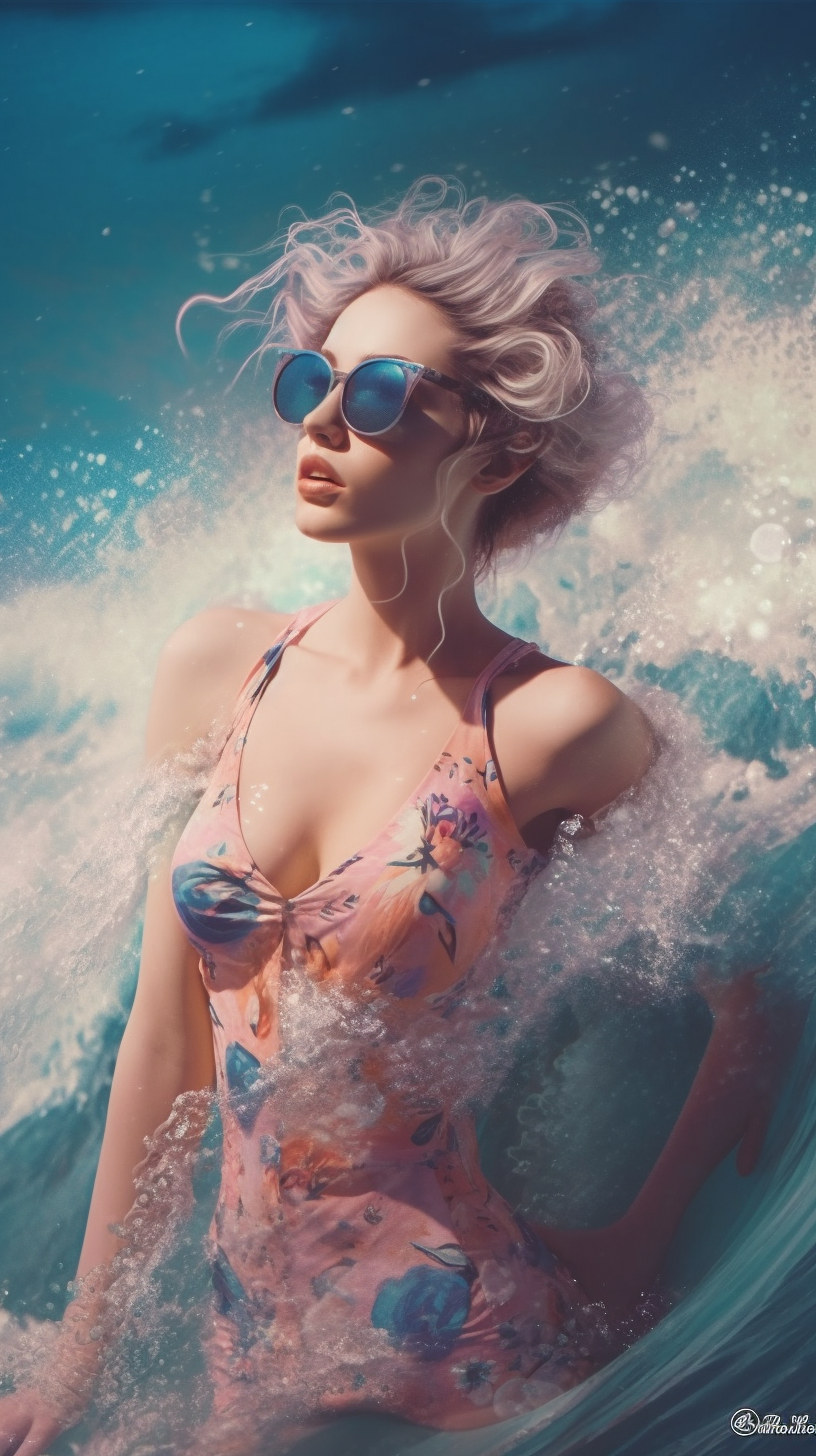 Pastel Art: Soaking Wet Swimsuit Woman in Ocean Waves