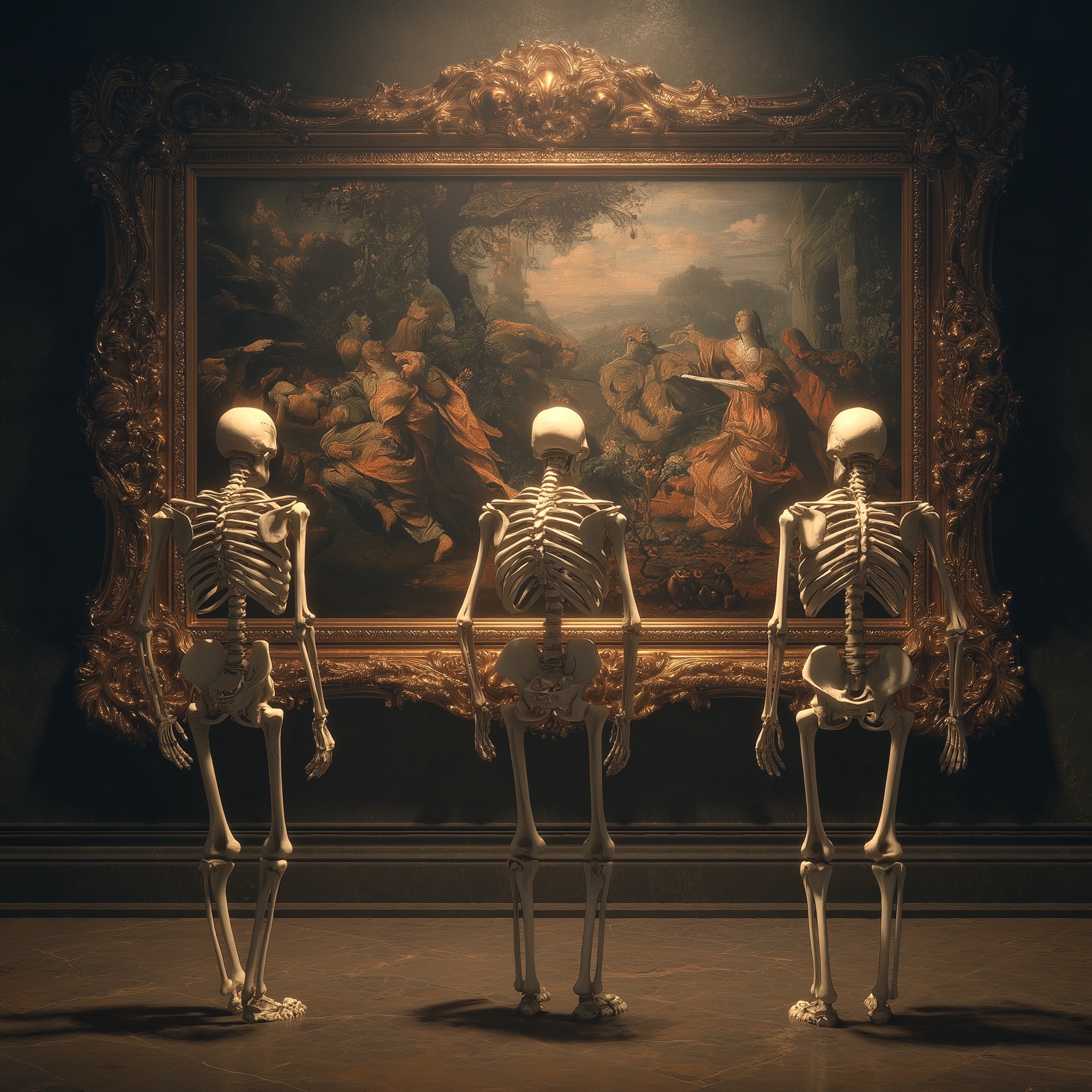 Skeletons Contemplate a Mystical Artwork