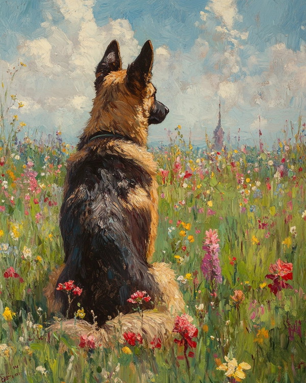 Serene German Shepherd in Sunny Flower Field